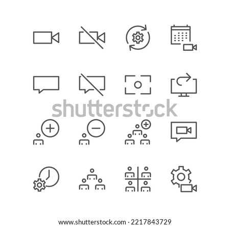 Set of video conference and online meeting icons, share screen, mute button, education and linear variety vectors.