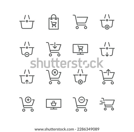 Set of shopping cart related icons, express checkout, mobile shop, add, refresh and linear variety vectors.