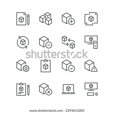 Set of abstract product related icons, module, application, design, metaphor and linear variety vectors.