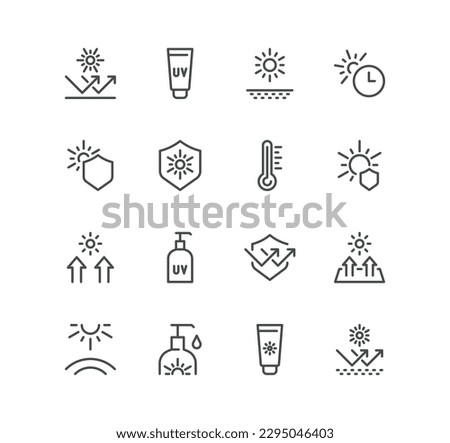 Set of sun protection related icons, sunscreen, uv rays exposure time and linear variety vectors.