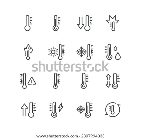 Set of temperature related icons, thermometer, pyrometer, thermostat, snowflake, overheat, temperature check, measurement and linear variety vectors.