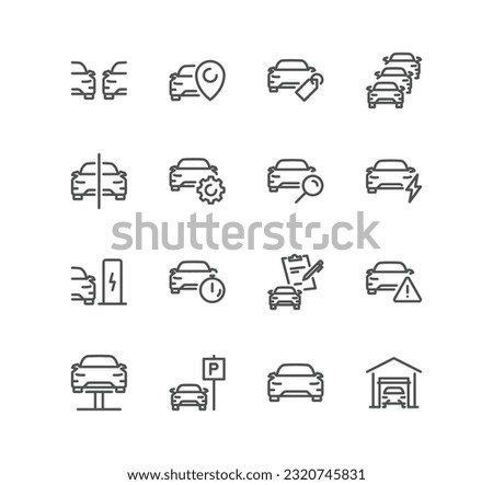 Set of car related icons, garage, inspection, dealership, stats comparing, tech reivew and linear variety vectors.