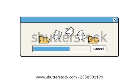 File copy and save process window in retro style, 90s ui design data information, documents moving between computer files, progress isolated on white bacground flat vector illustration.