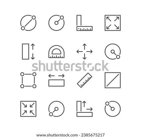 Set of measure related icons, resize, radius, depth, area, diameter and linear variety vectors.
