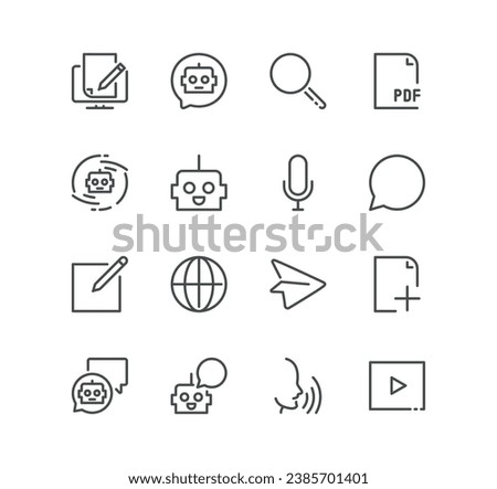 Set of ai chat bot related icons, feedback, send, upload, message, communication and linear variety vectors.
