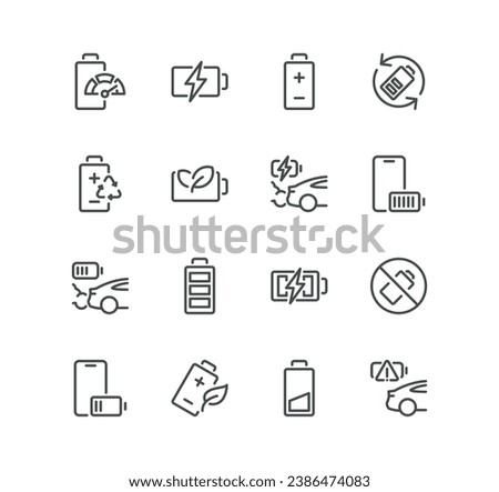 Set of batteries related icons, car charge, recycle, voltage, phone battery charging, battery life time and linear variety vectors.
