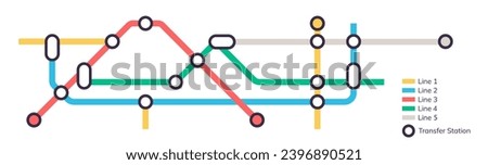 Scheme of metro stations and plan of subway with colorful lines, fictional metro map of underground, layout of public passenger transport routes, subway train tracks plan flat vector illustration.