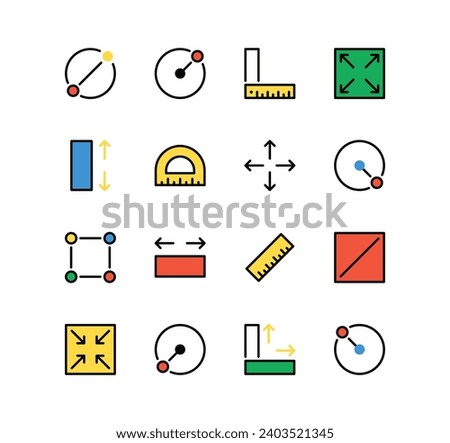 Set of measure related icons, resize, radius, depth, area, diameter and linear variety vectors.
