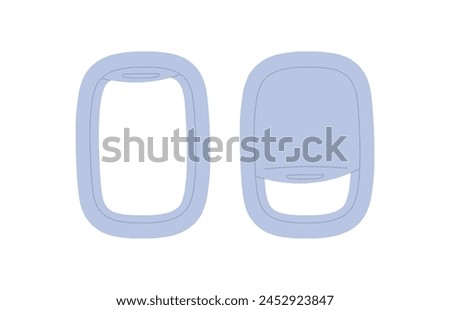 Views outside plane window, skyscape at vacation journey by airliner, airplane cabin during air flight, trip landscape, sky view through porthole in air plane flat vector illustration.