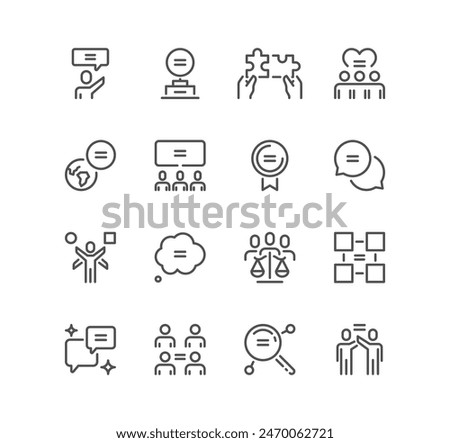 Set of equality related icons, social equality, situation, same status, rights, social goods and services, equal access and linear variety vectors.