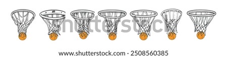 Hand-drawn collection of basketball hoops net and Basketball ball. Line art vector illustration.