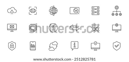 Technology icon set. Tech, data analytics vector icons. Database setting cloud symbols