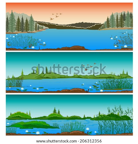 three horizontal river landscapes with forest hills  and  reeds