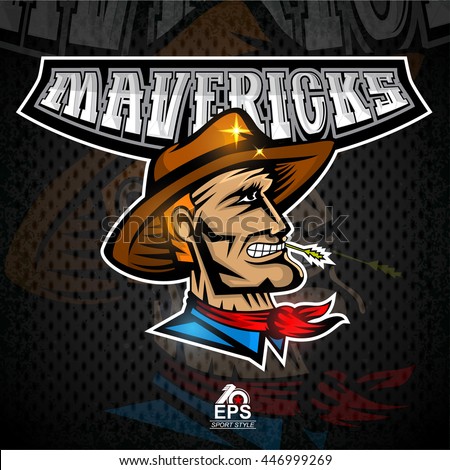Man face in profile with cowboy hat. Logo for any sport team mavericks