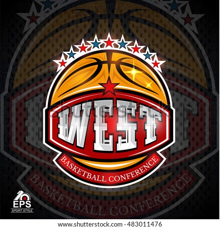 Basketball ball with text west conference on red banner. Vector sport logo for competition
