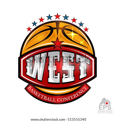 Basketball ball with text west conference on red banner. Vector sport logo isolated on white for any team or competition