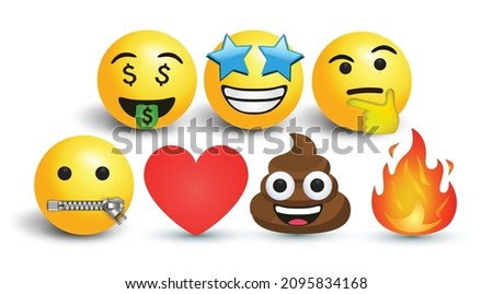 3d vector round yellow cartoon bubble emoticons social media Facebook Instagram Whatsapp chat comment reactions, icon template face money, zip, thinking fire star love heart emoji character message