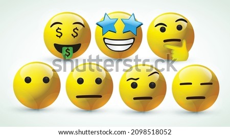 3d vector round yellow cartoon bubble emoticons social media Facebook Instagram Whatsapp chat comment reactions, icon template face money, Straigh thinking flat star love heart emoji character message