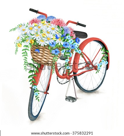 Watercolor Red Bicycle With Beautiful Flower Basket. Hand Painted Summer Bike