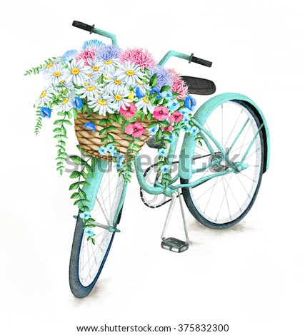 Watercolor Turquoise Bicycle With Beautiful Flower Basket. Hand Painted Summer Bike