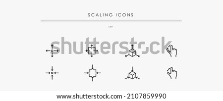 Set of Related black Scaling icons isolated on white background. Linear black icon collection for resize and scale. Hand gesture and arrows. Resize symbols vector
