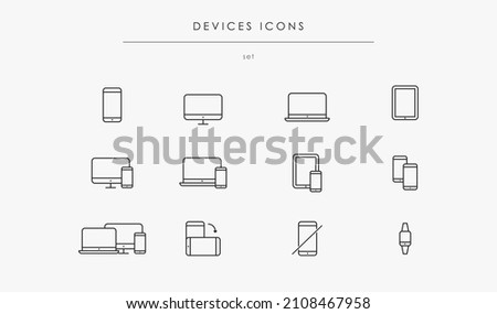 Electronic Devices related Line icons. Electronic devices with black outlines and editable stroke isolated on white background. Devices icons for web design and UI. PC, smartphone, tablet, smartwatch