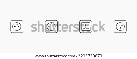 Power socket icon set. E, F, G, and H power socket types line icon set for charge