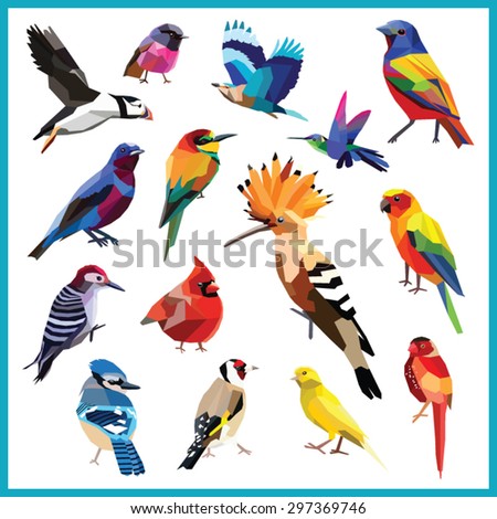 Birds-set of 15 colorful birds low poly design isolated on white background.Bee eater,canary,blue jay,cardinal,cotinga,finch,hoopoe,hummingbird, indian roller,bunting,puffin,robin,wood packer,parakeet
