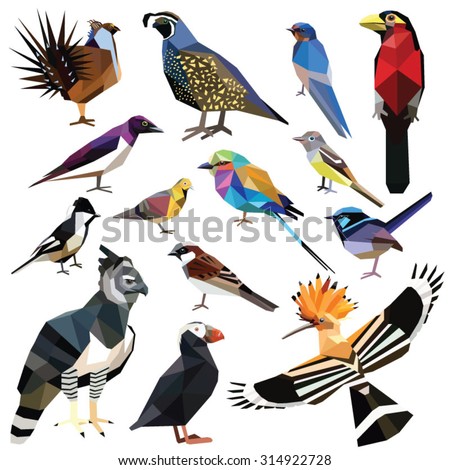 Birds-set colorful birds low poly design isolated on white background.\
Swallow,Barbet,Flycatcher,Harpy,Hoopoe,Sparrow,Roller,Quail,Wren,Sage Grouse,Puffin,Starling,Tit,Pigeon.