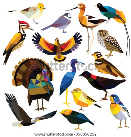 Birds-set colorful low poly design isolated on white background.