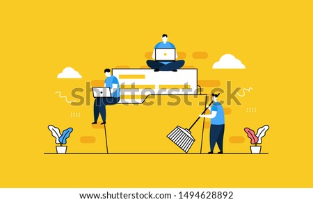 Data cleansing people cleaning folder flat vector illustration concept,can be used for landing page, ui, web, app intro card, editorial, flyer, and banner.