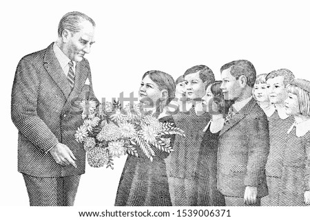 Children presenting flowers to President Kamel Ataturk facing. Portrait from Turkish banknotes 