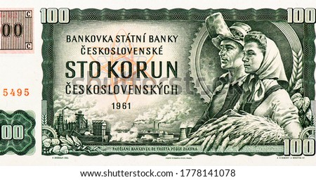 Factory with smokestacks, atomic symbol, allegorical male factory worker (Industry) with gear and allegorical female farmer (Agriculture), Czechoslovakia 100 Korun 1961 Banknotes. ストックフォト © 