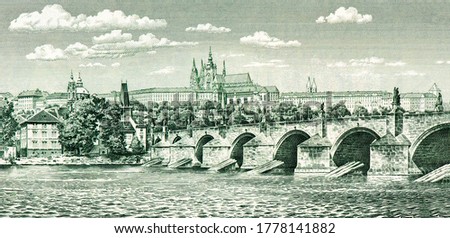 Hradcany (Castle District) and Charles Bridge across Vltava River in Prague, Portrait from Czechoslovakia 100 Korun 1961 Banknotes.  Foto d'archivio © 