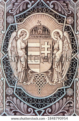Two angels flanking Coat of Arms. Portrait from 1000 Pengo 1943 Banknotes. Stock fotó © 
