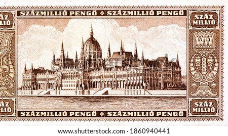 Orszaghaz - Hungarian Parliament building in Budapest. Portrait from Hungary 1000 Million Pengo Banknotes.  Stock fotó © 