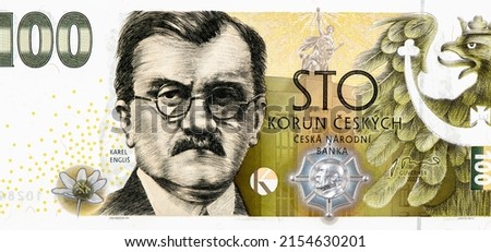 Karel Engliš (1880-1961) - Czechoslovakia Minister of Finance, and later President of the National Bank of Czechoslovakia, Portrait from Czech Republic 100 Korun 2022 Banknotes.  ストックフォト © 