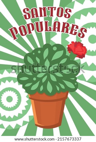 Manjerico Santos Populares. Summer festival in June in Portugal. Basil in a pot Manjerico plants. The symbol of the Portuguese holiday is Basil in a pot. English translation: Holy Festivities