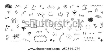 Hand drawn simple doodle elements. Sketch line vector speech bubbles, underlines, emphasis, arrows, highlights, sparkle elements. 