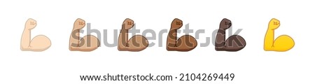 Flexed biceps emoji. Biceps Gesture Icon. Hands of various skin tones. Biceps hand emoji. Strong emoji muscle. All skin tone gesture emoji. Vector