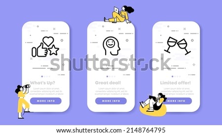 Good mood icon set. Thumb up, good mood face, glasses. Festive mood concept. UI phone app screens with people. Vector line icon for Business and Advertising.