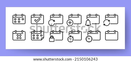Calendar set icon. Contains such icon as appointment, date setup, alarm clock, calendar layout, event view and more. Date management. Vector line icon for Business and Advertising.