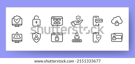 Pictogram set icon. Success, a tick on the monitor, an incognito tab, a password, a lock, protection, etc. Work with computer concept. Vector line icon for Business and Advertising.