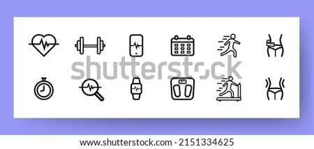 Healthy lifestyle set icon. Heartbeat, dumbbell, figure, waist, stopwatch, running, scale, clock, treadmill etc. Sport concept. Vector line icon for Business and Advertising.