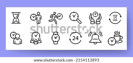 Time management set icon. Stove clock, run, pawn, alarm clock, break. Punctuality concept. Vector line icon for Business and Advertising