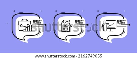 Secretary set icon. Briefcase, statistics, magnifier, research, flipchart, arrow. Business concept. Infographic timeline with icons and 3 steps. Vector line icon for Business and Advertising.
