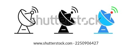 Satellite dish icons set. News, broadcast, satellite, communication, network, technology, synchronization, wireless, waves, signal. Media concept. Vector line icon in different styles