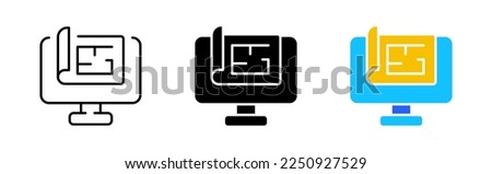 Computer icons set. Monitor, technologies, documents, accounting, work, office, electronics, workplace, programs, details. Business concept. Vector line icon in different styles