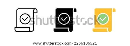 Scroll with tick set icon. Book, writer, sheets of paper, computer, bookmark, novel, short story, write, fairy tale, scroll. Vector icon in line, black and colorful style on white background