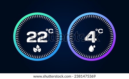 Clock with weather forecast icons. Flat, blue, 22 and 4 degrees Celsius, clock and weather forecast. Vector icons